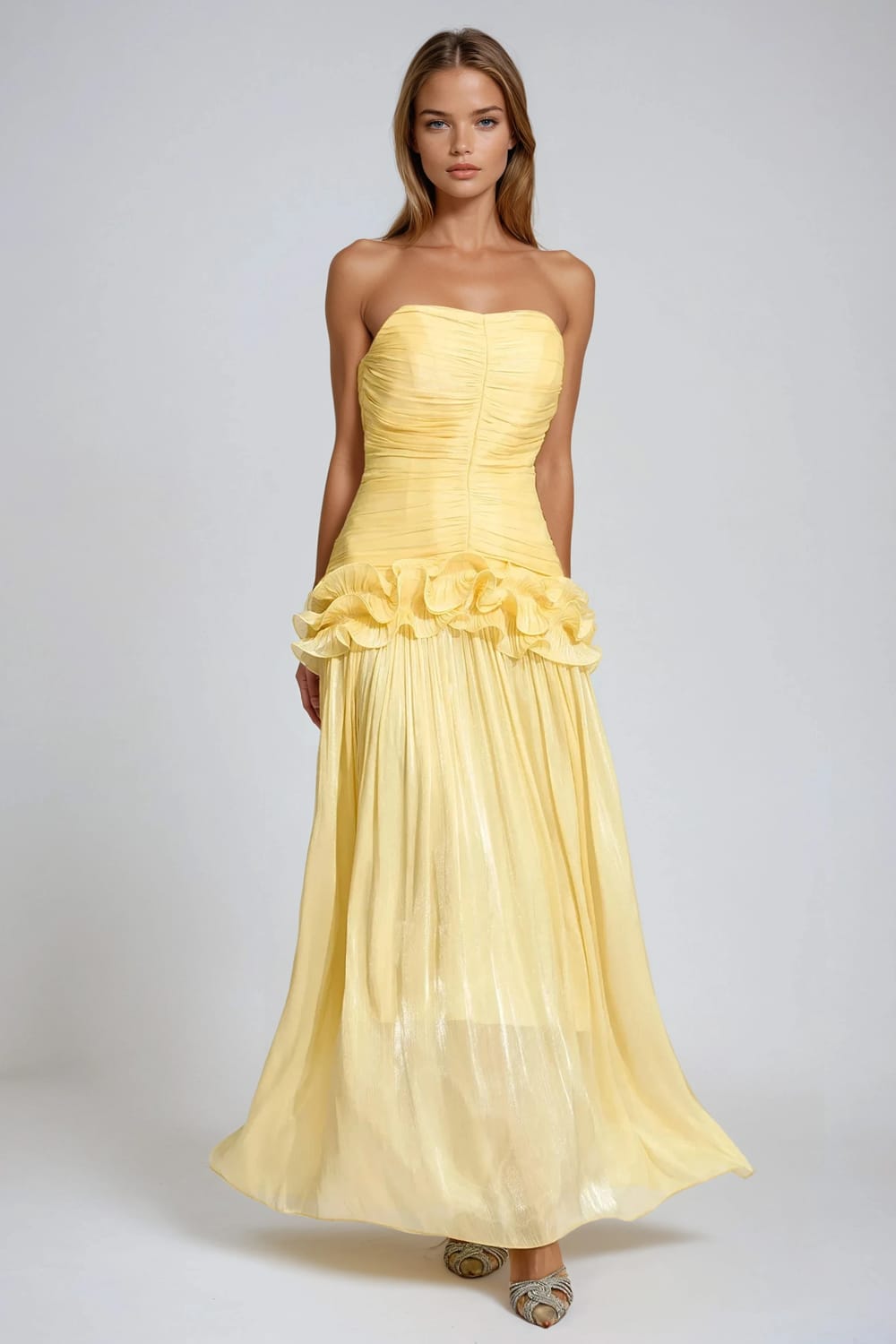 Strapless Maxi Dress with Ruched Bust and Floral Waist Detail - Apricot