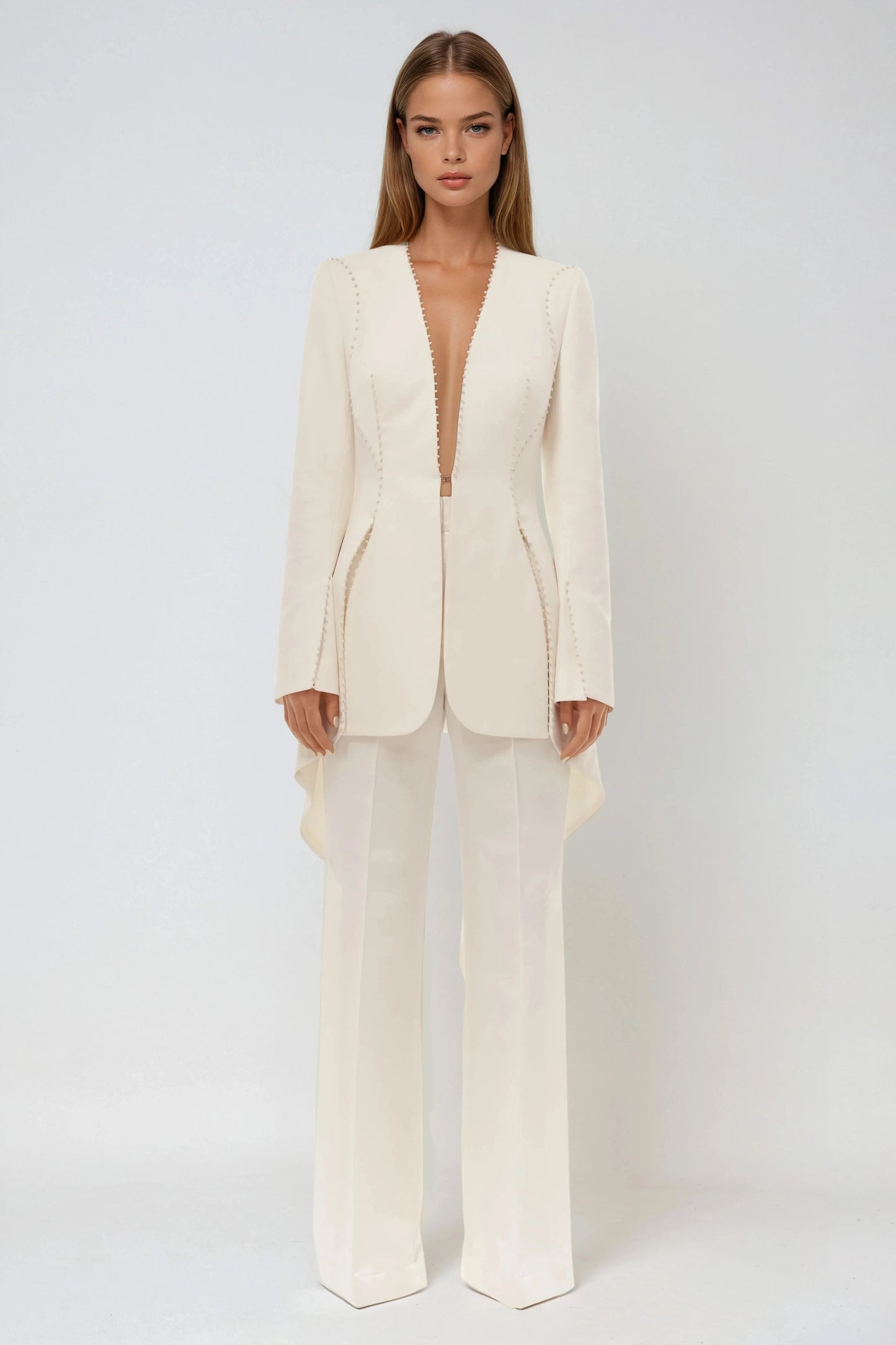 Long Sleeve Blazer with Open Front and Draped Back Hem - White