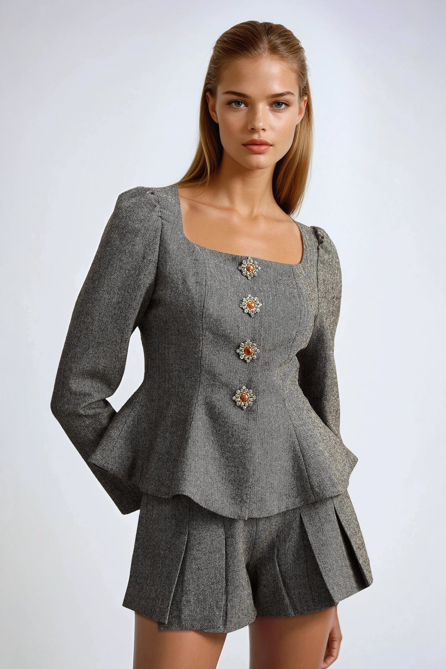 Two-Piece Set with Peplum Long Sleeve Top and Pleated Shorts - Gray