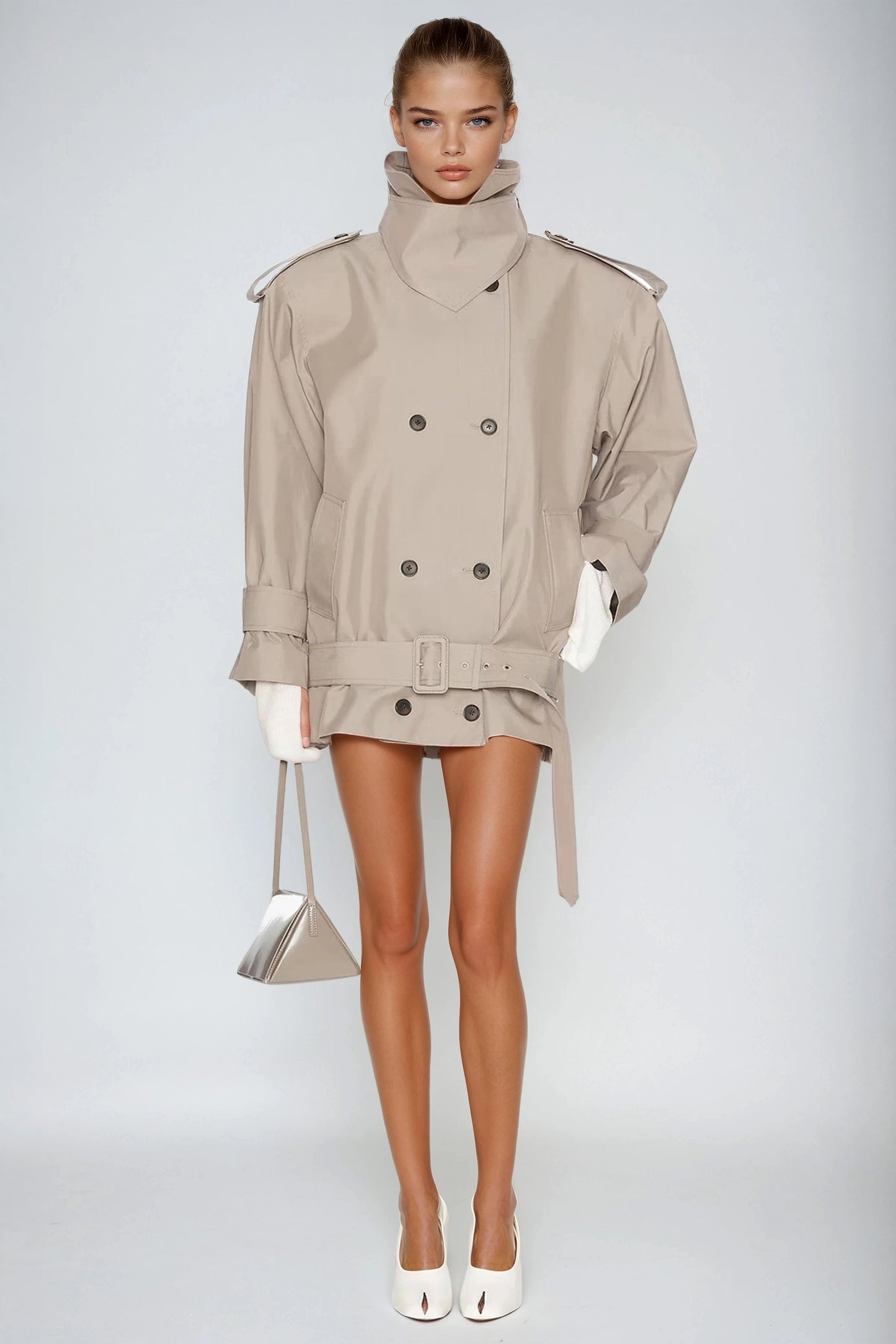 Oversized Double-Breasted Belted Jacket - Gray
