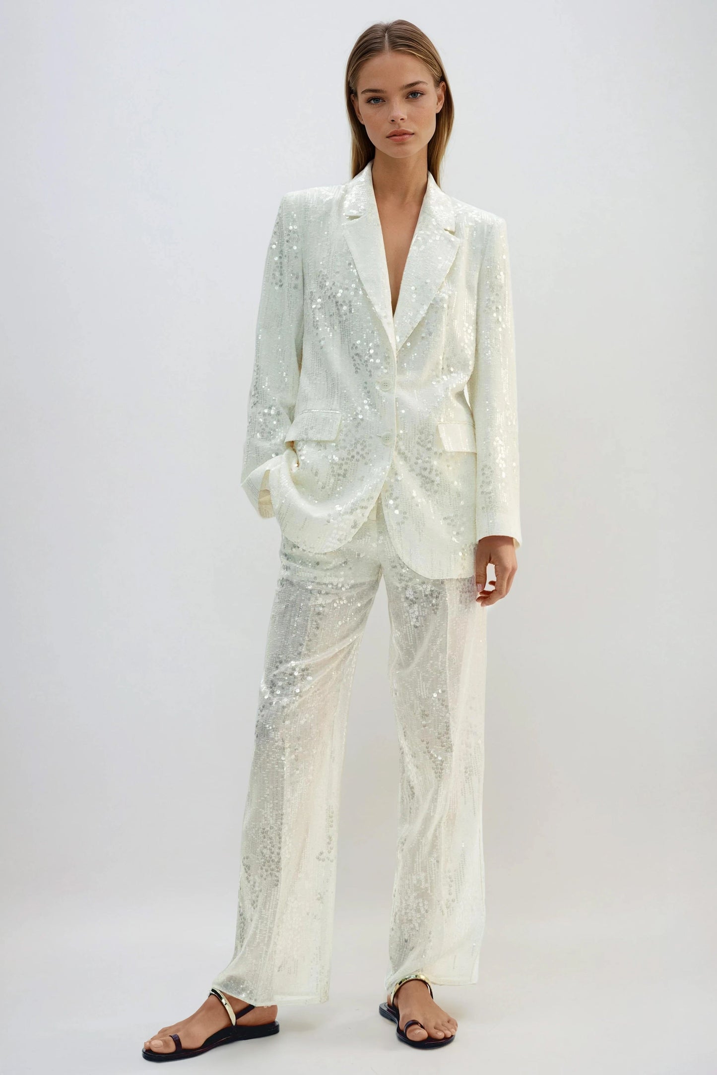 Two-Piece Set with Sequin Blazer and Straight Leg Trousers - White