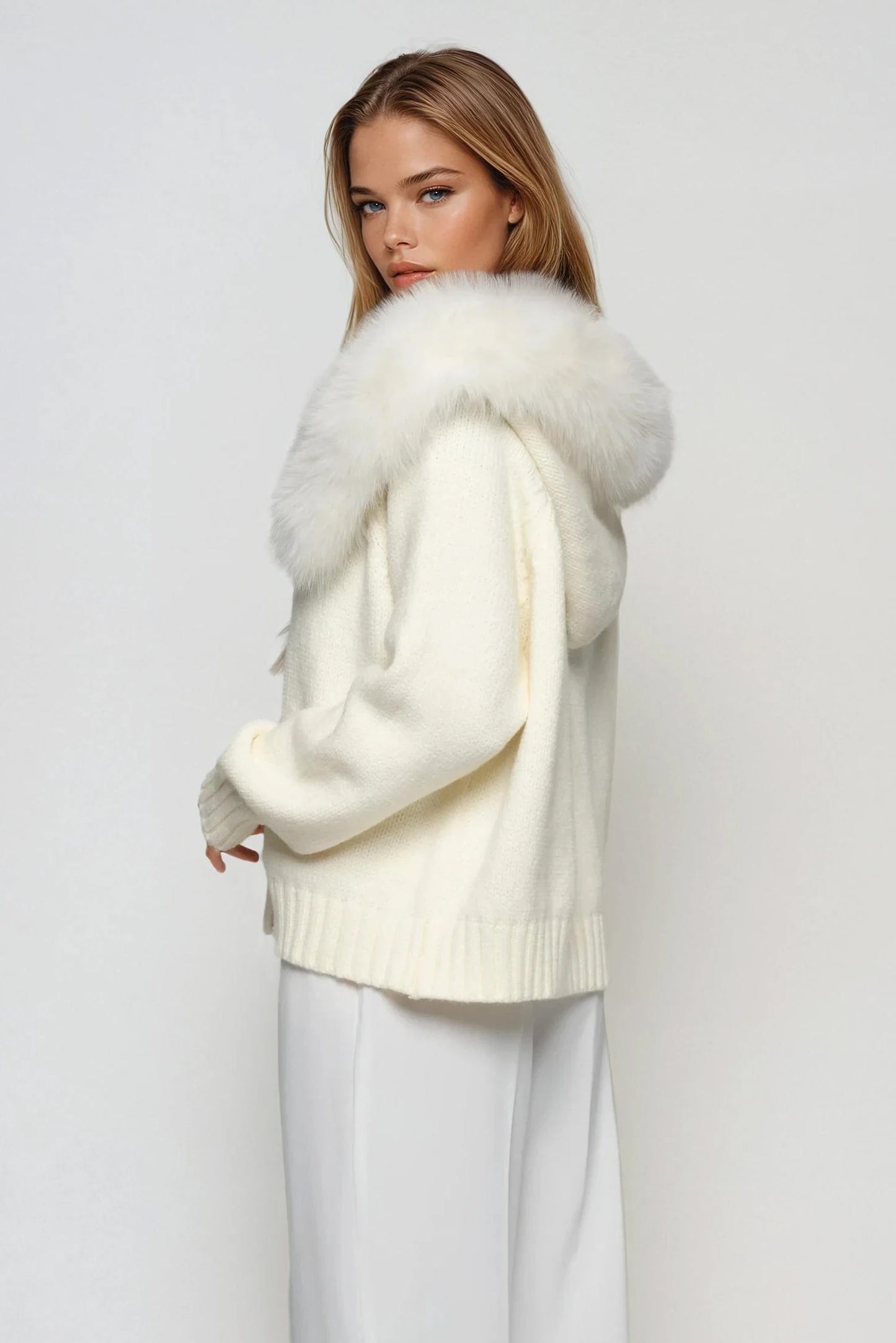 Zip-Up Knit Jacket with Faux Fur Trim - White