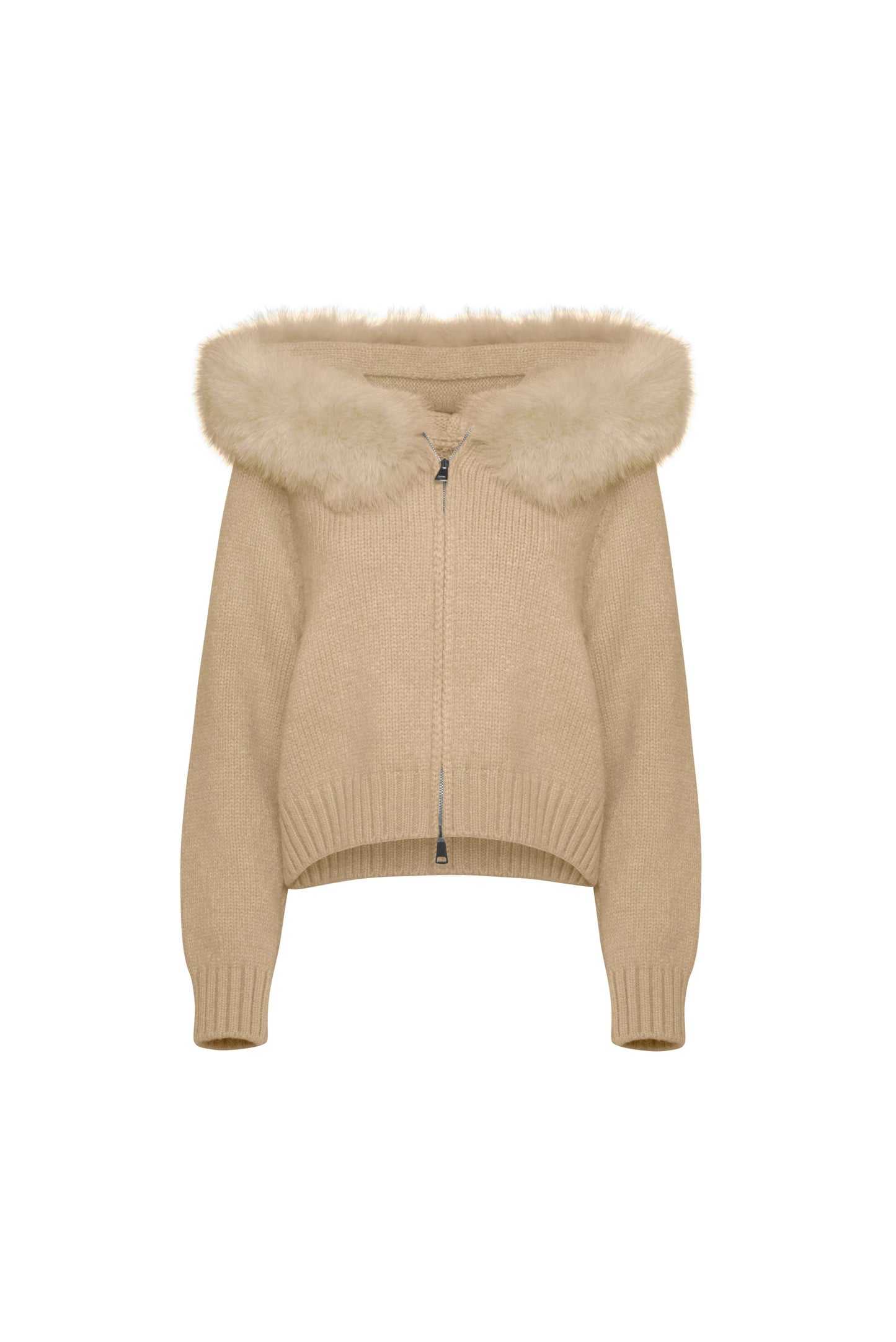 Zip-Up Knit Jacket with Faux Fur Trim - Khaki