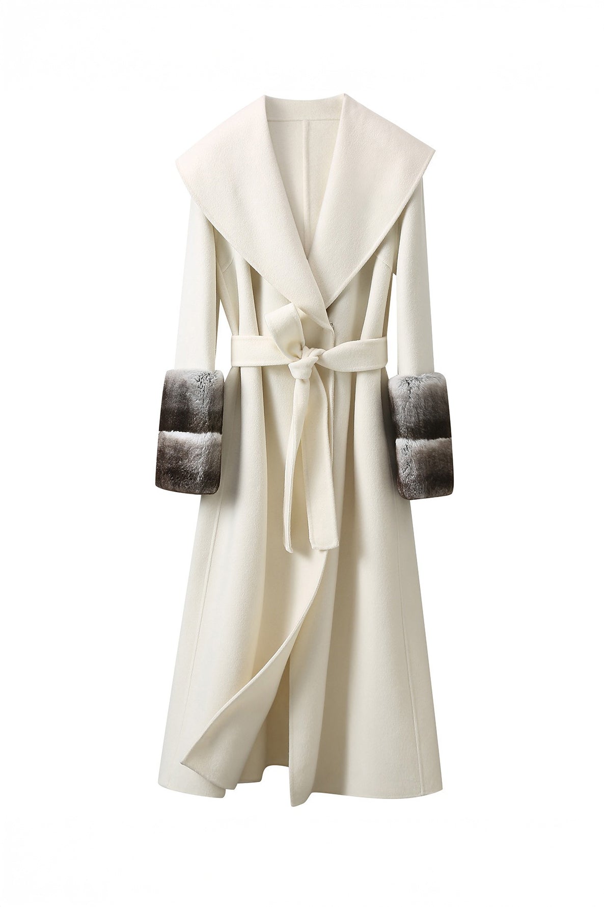 100% Wool Coat with Wide Collar and Fur Cuffs - White