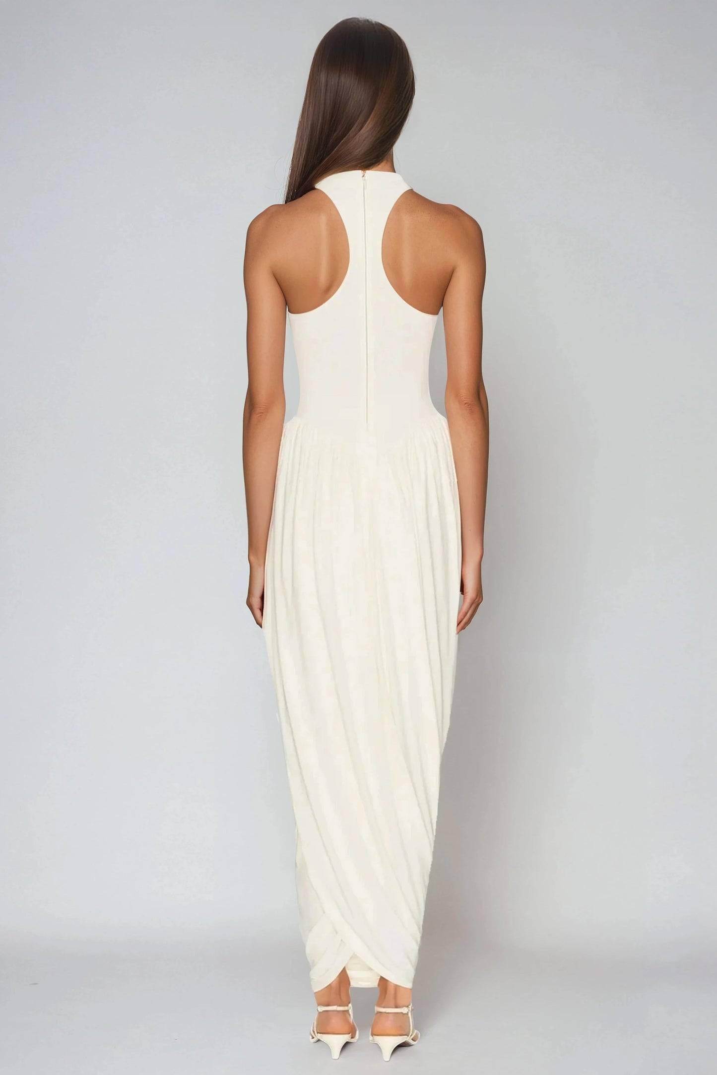 High Neck Draped Maxi Dress - White