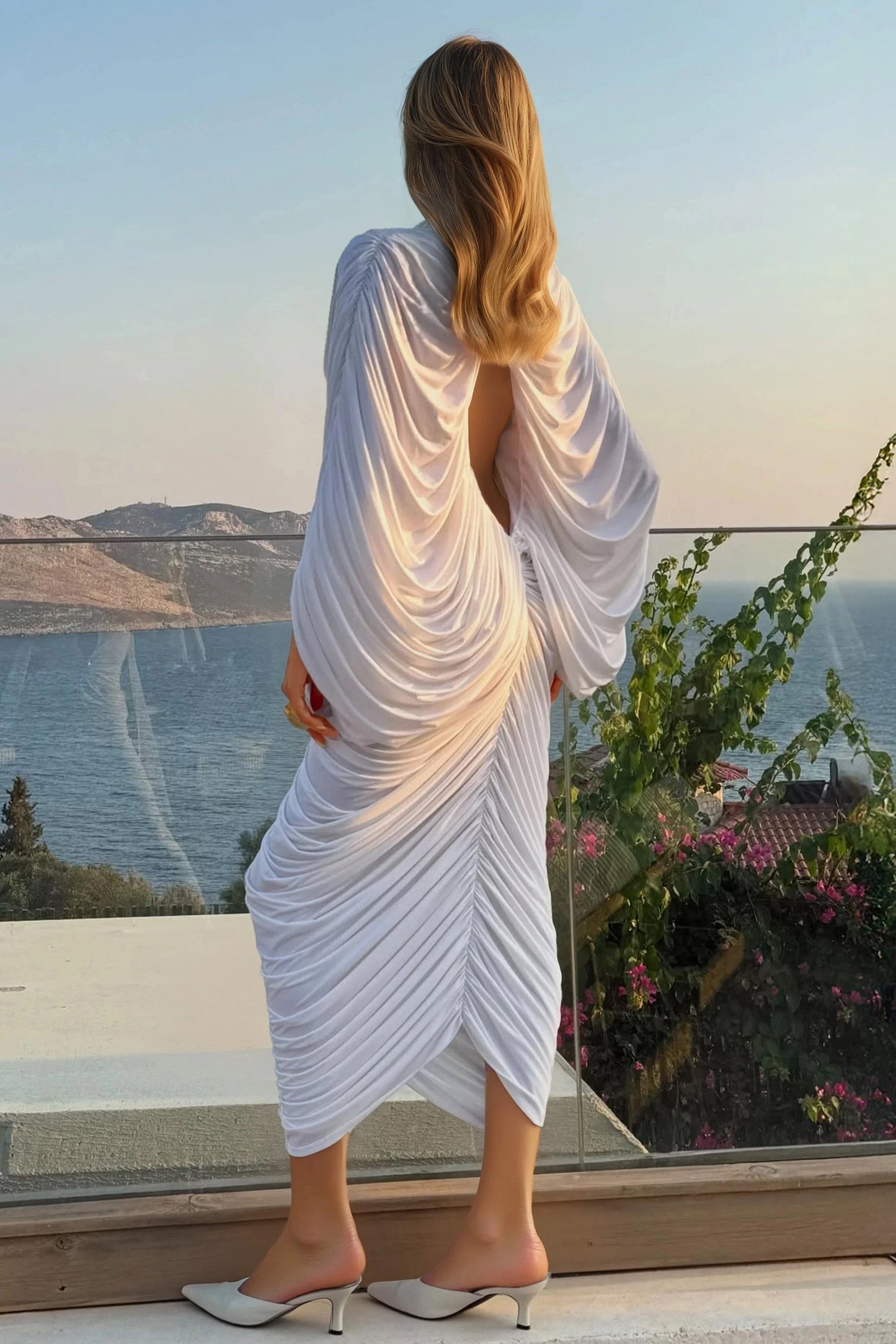 Draped Open-Front Midi Dress - White