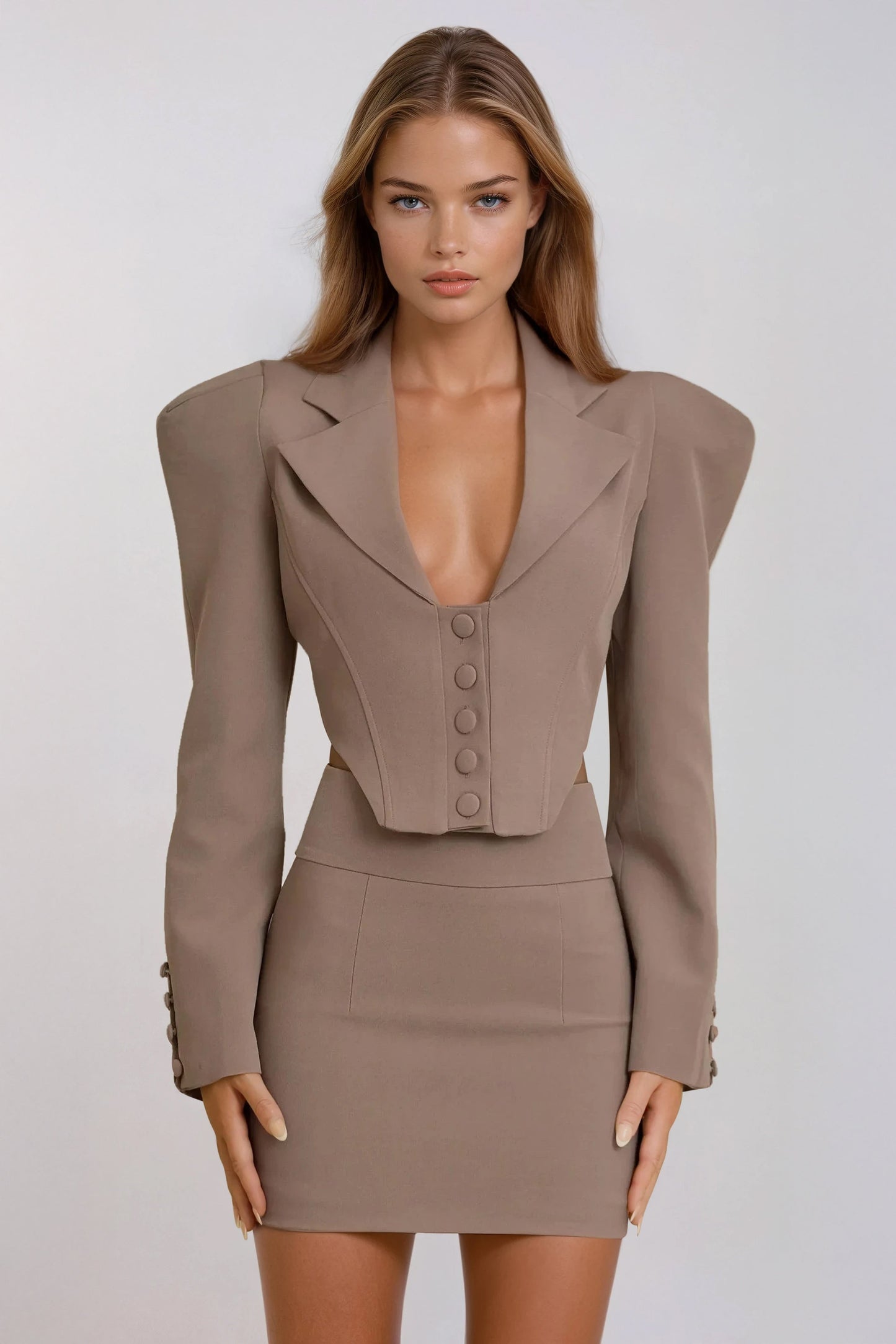 Two-Piece Set with Blazer Style Top and Mini Skirt - Khaki