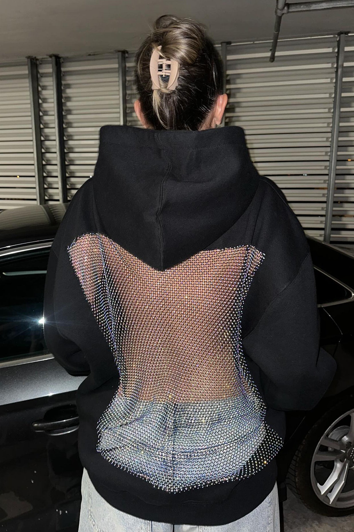 Crystal Mesh Back Hoodie - Black