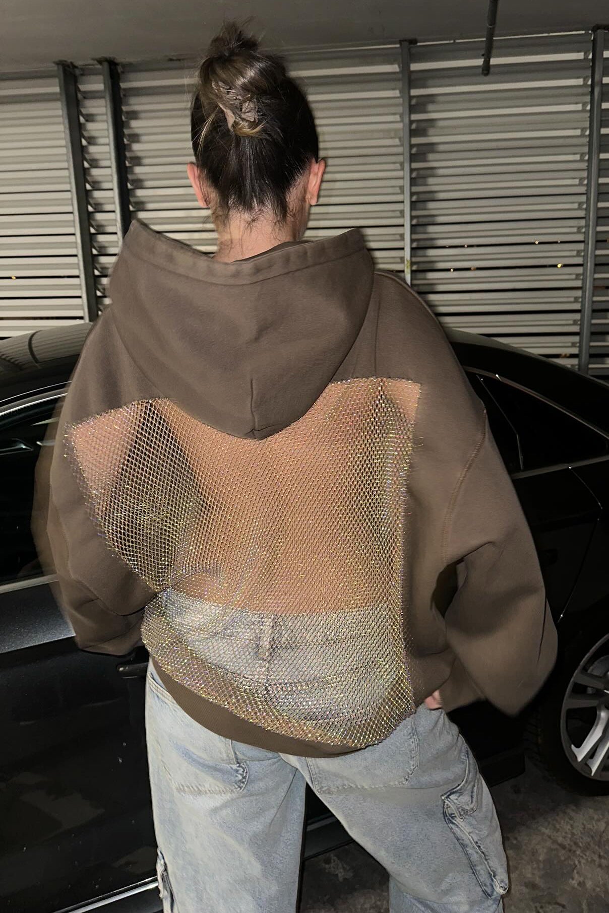 Crystal Mesh Back Hoodie - Brown