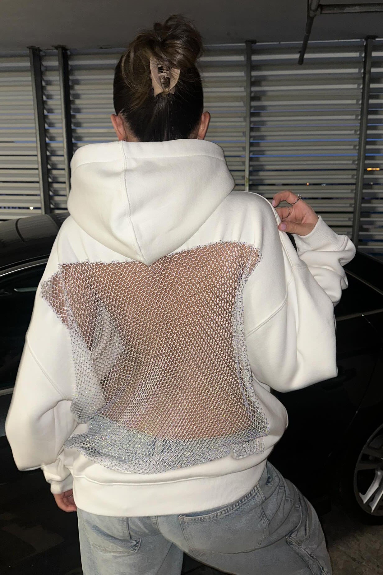 Crystal Mesh Back Hoodie - White