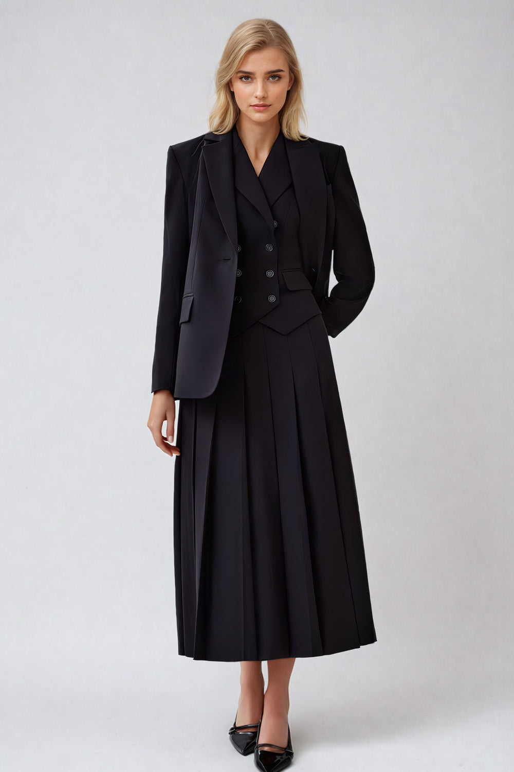 Two-Piece Set with Vest and Pleated Skirt - Black