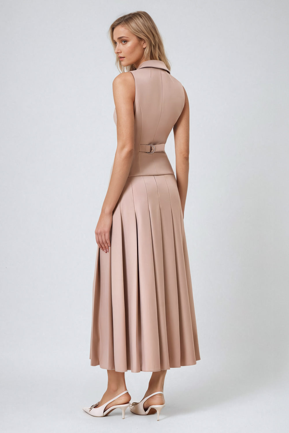 Two-Piece Set with Vest and Pleated Skirt - Khaki