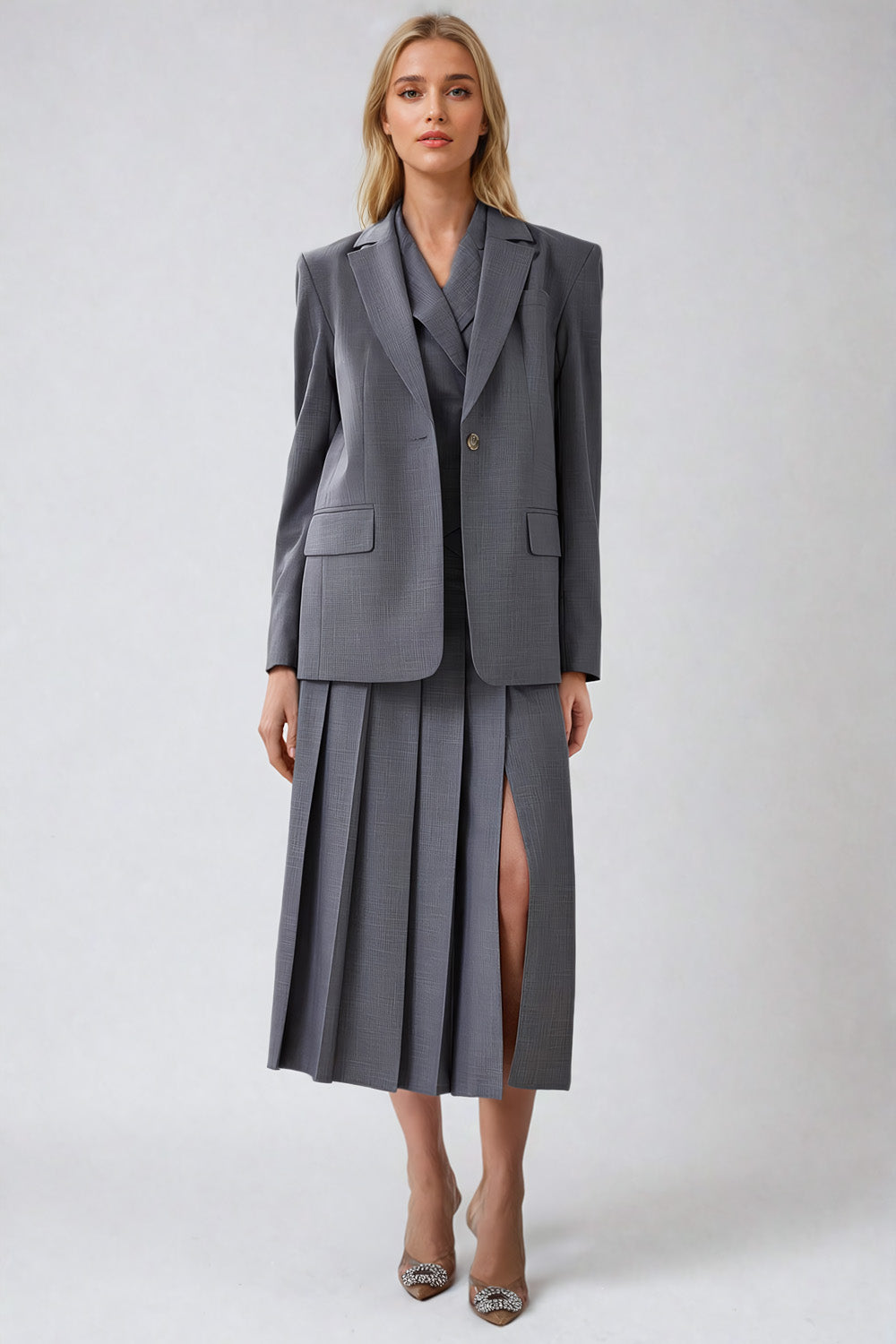 Two-Piece Set with Vest and Pleated Skirt - Gray