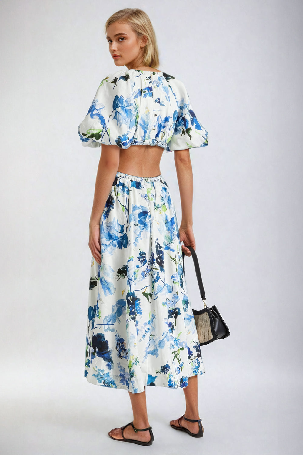 Floral Puff Sleeve Cut-Out Midi Dress - White