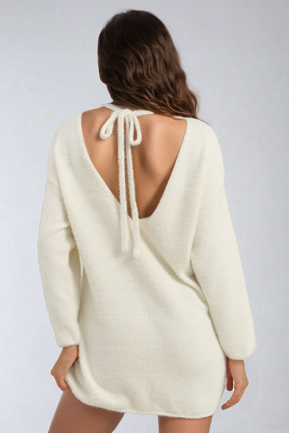 Knitted Long Sleeves Mini Dress with Open Back - Beige
