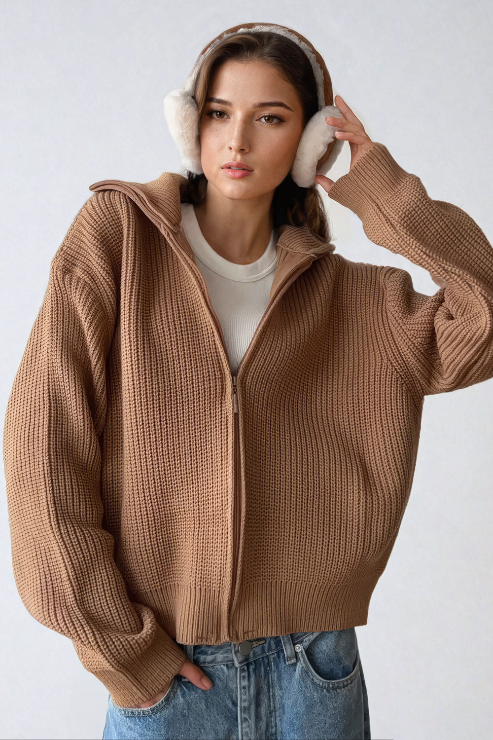 Zip-Up Knitted Sweater with High Collar - Brown