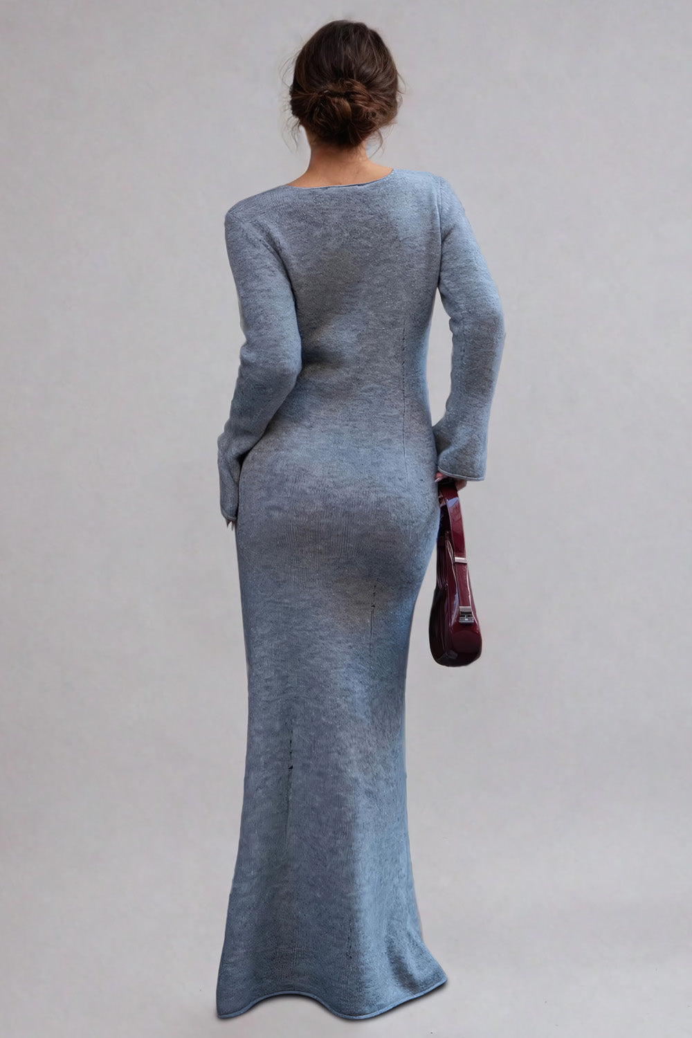 Knit Maxi Dress with V-Neckline and Long Sleeves - Gray