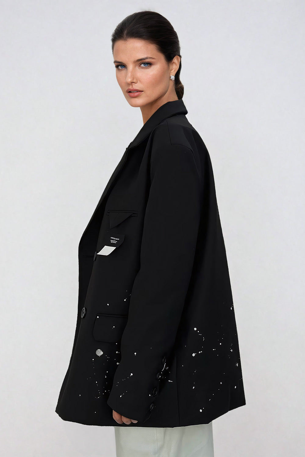 Oversized Blazer with Paint Splatter Detail - Black
