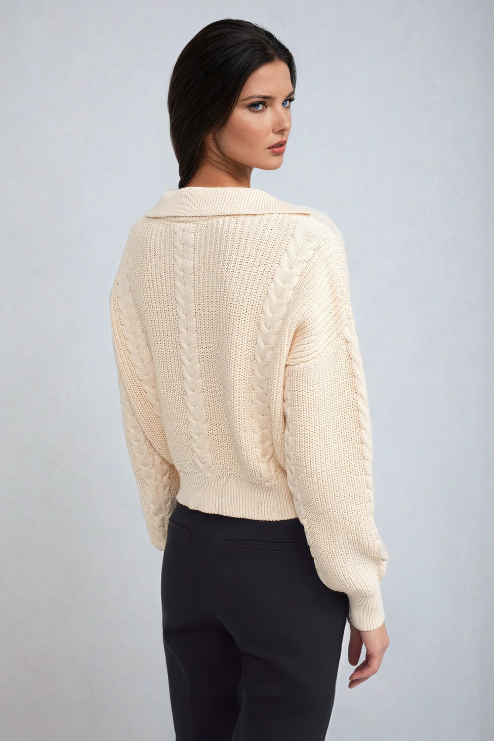 Knit Sweater with Polka Dot Accents and Ribbed Collar - Beige