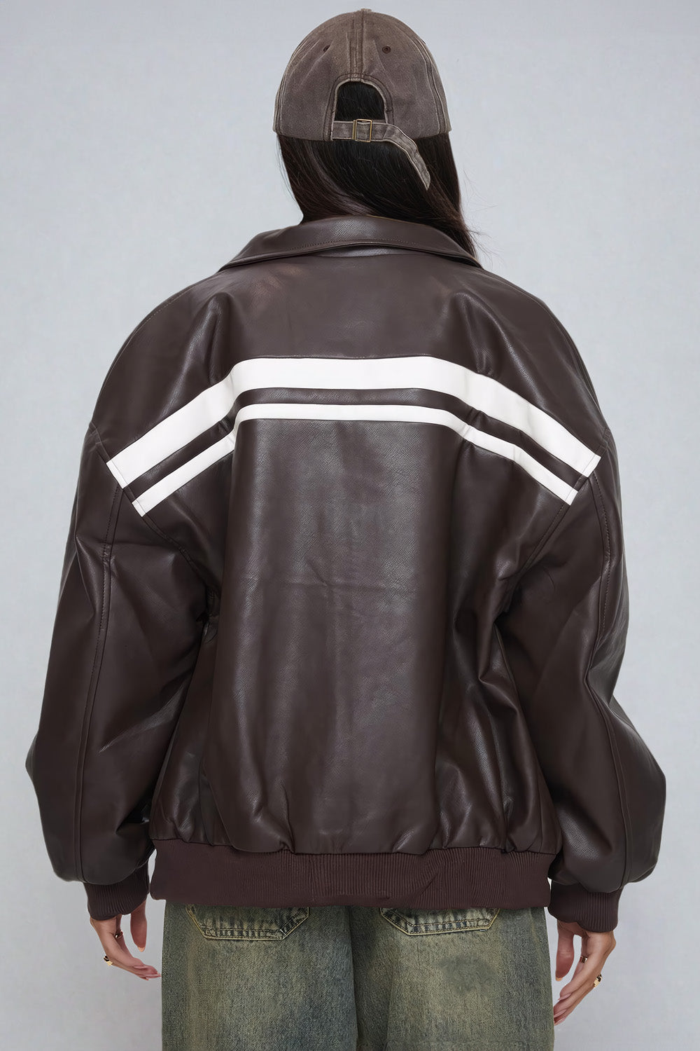 Leather Jacket with Striped Panel Accents - Brown