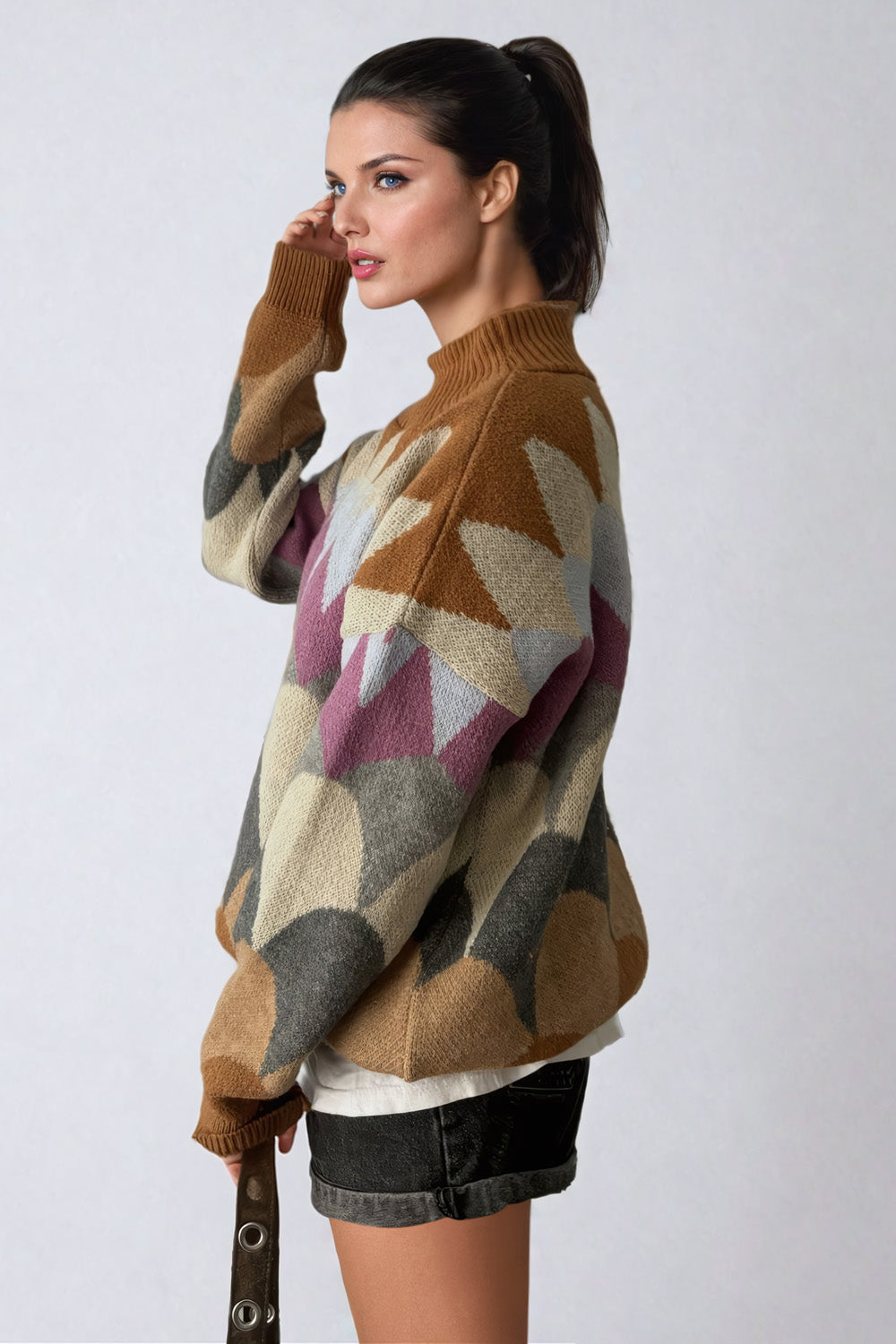 Oversized Knit Sweater with Geometric Pattern and Ribbed Collar - Brown