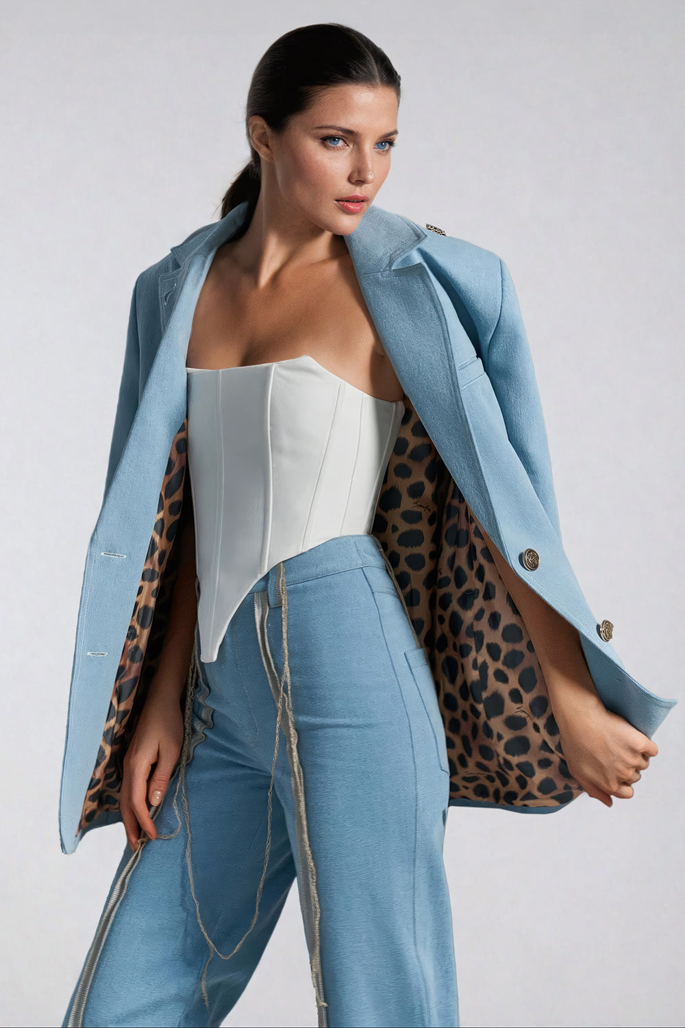 Oversized Denim Blazer with Chain Detail and Animal Print Accents - Light Blue