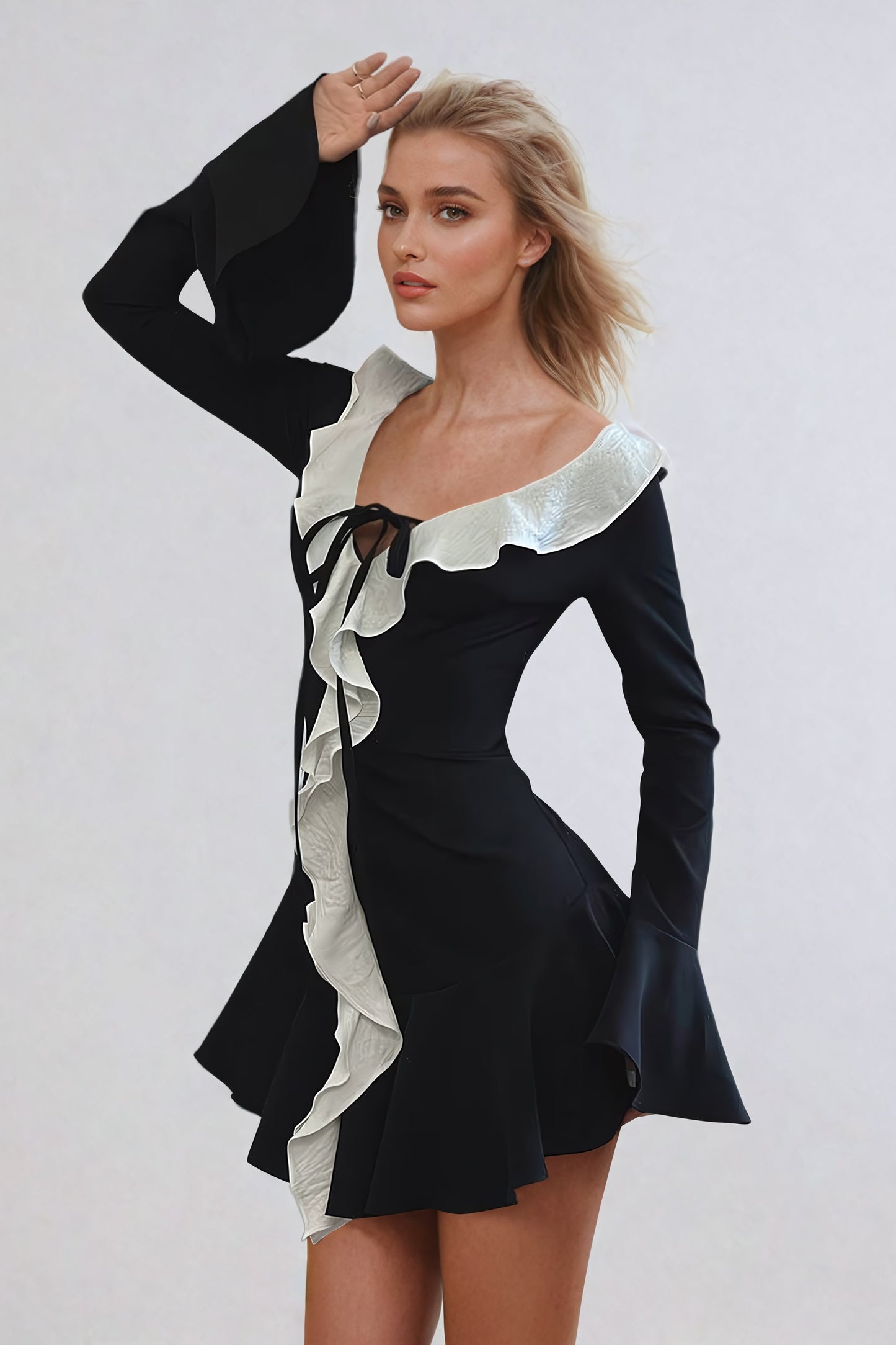 Flared Ruffle Detail Mini Dress - Black