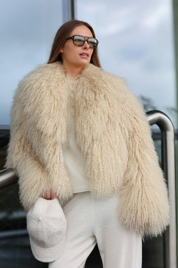 Natural Mongolian Sheepskin Coat with Lapels - Apricot