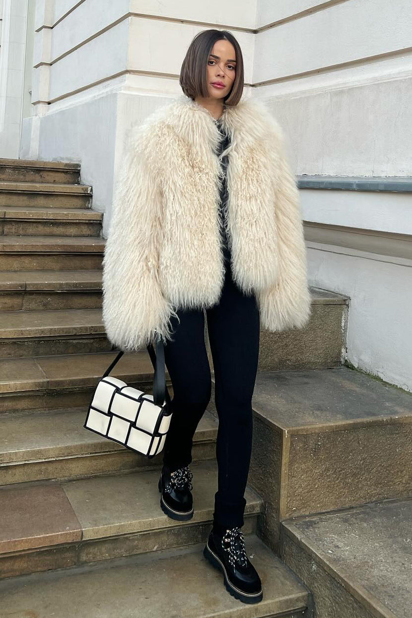 Natural Mongolian Sheepskin Coat with Lapels - Apricot