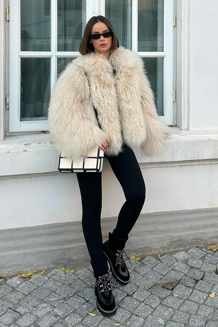 Natural Mongolian Sheepskin Coat with Lapels - Apricot