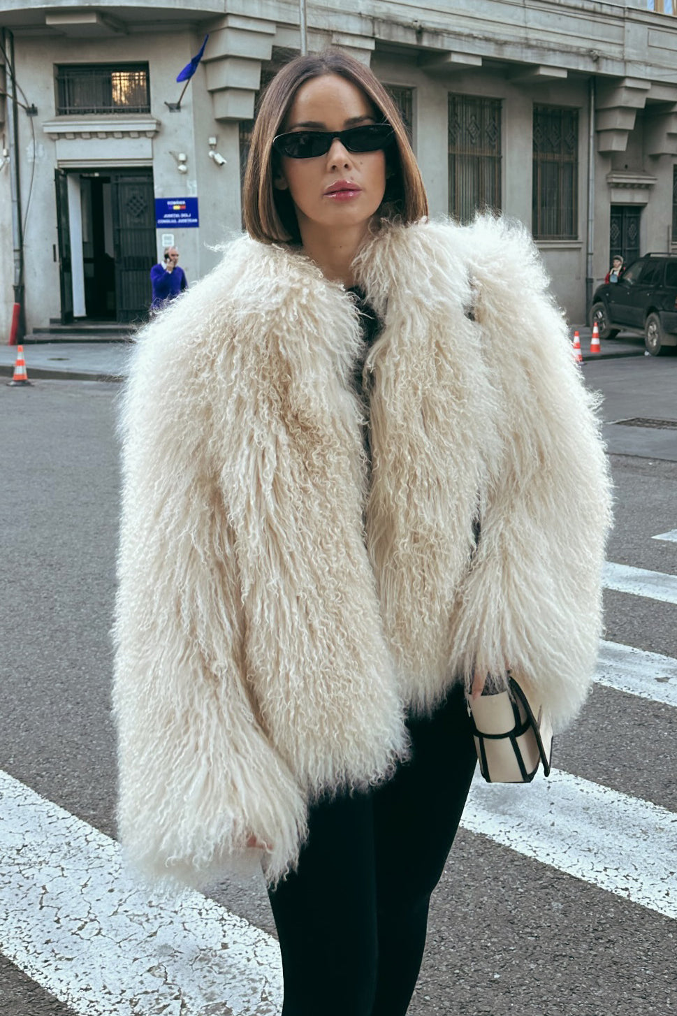 Natural Mongolian Sheepskin Coat with Lapels - Apricot