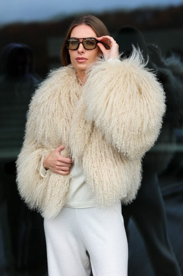 Natural Mongolian Sheepskin Coat with Lapels - Apricot