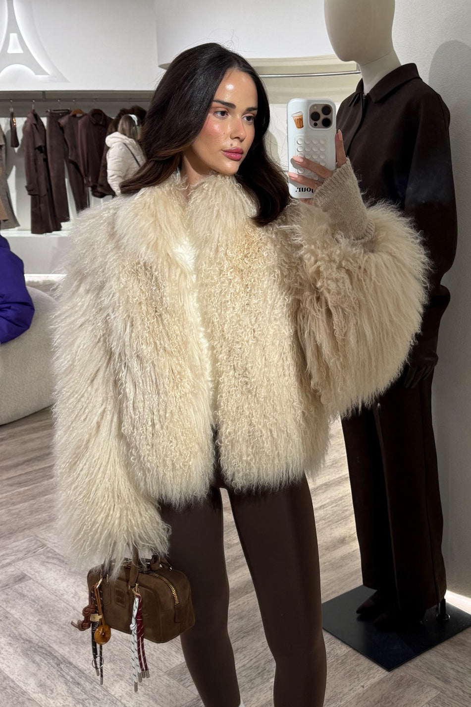 Natural Mongolian Sheepskin Coat with Lapels - Apricot