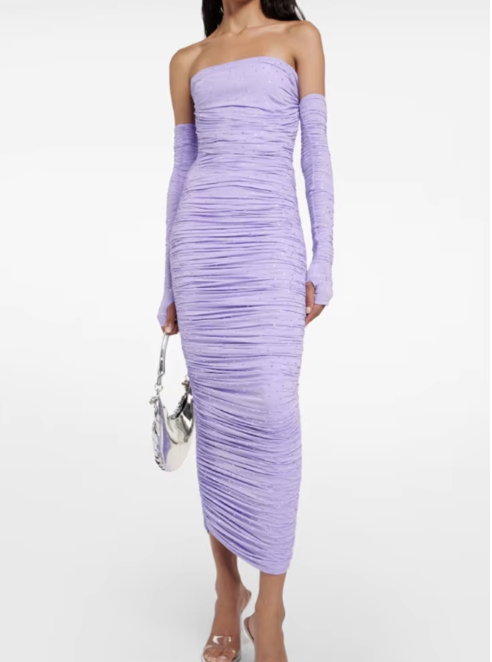 Strapless Ruched Midi Dress with Matching Gloves - Purple