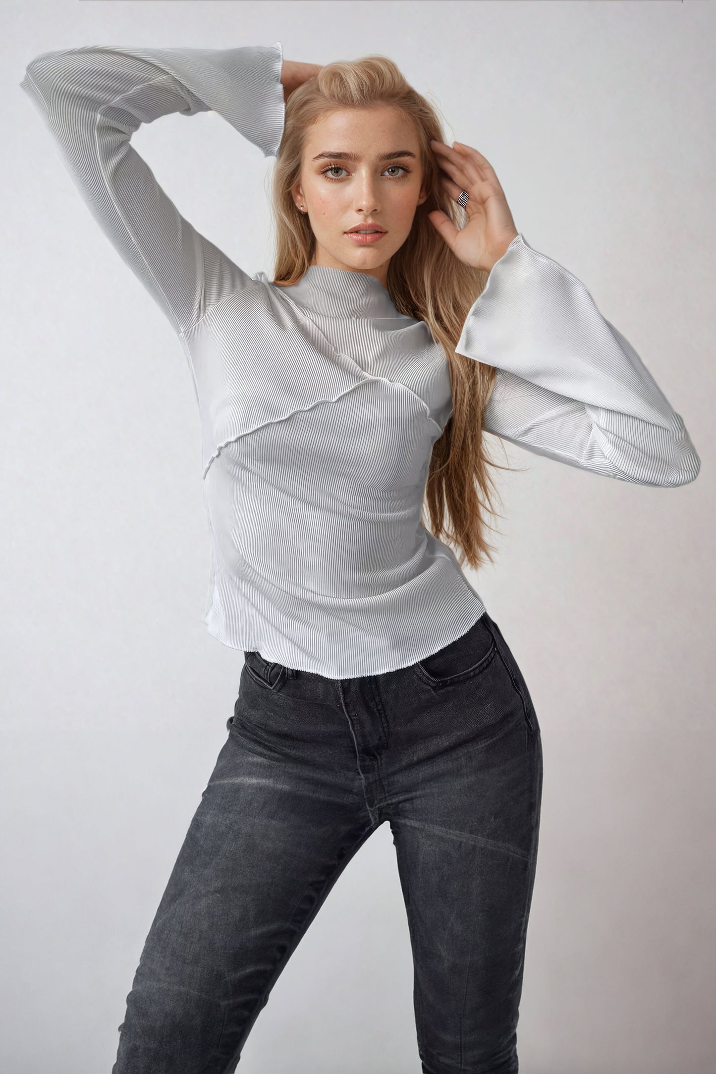 Ribbed Top with High Neckline - White