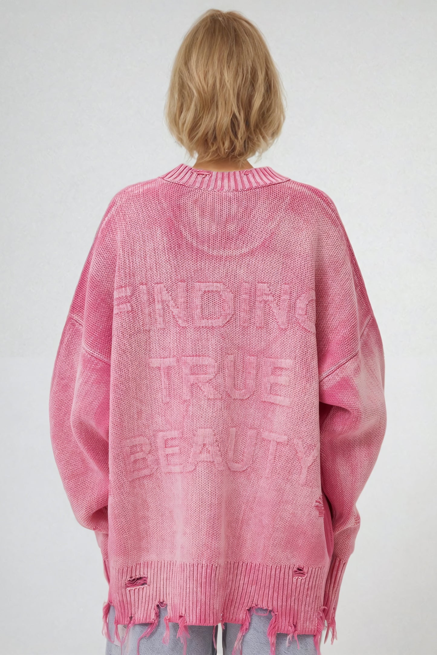 Oversized Distressed Knit Sweater with Ribbed Crew Neckline - Pink