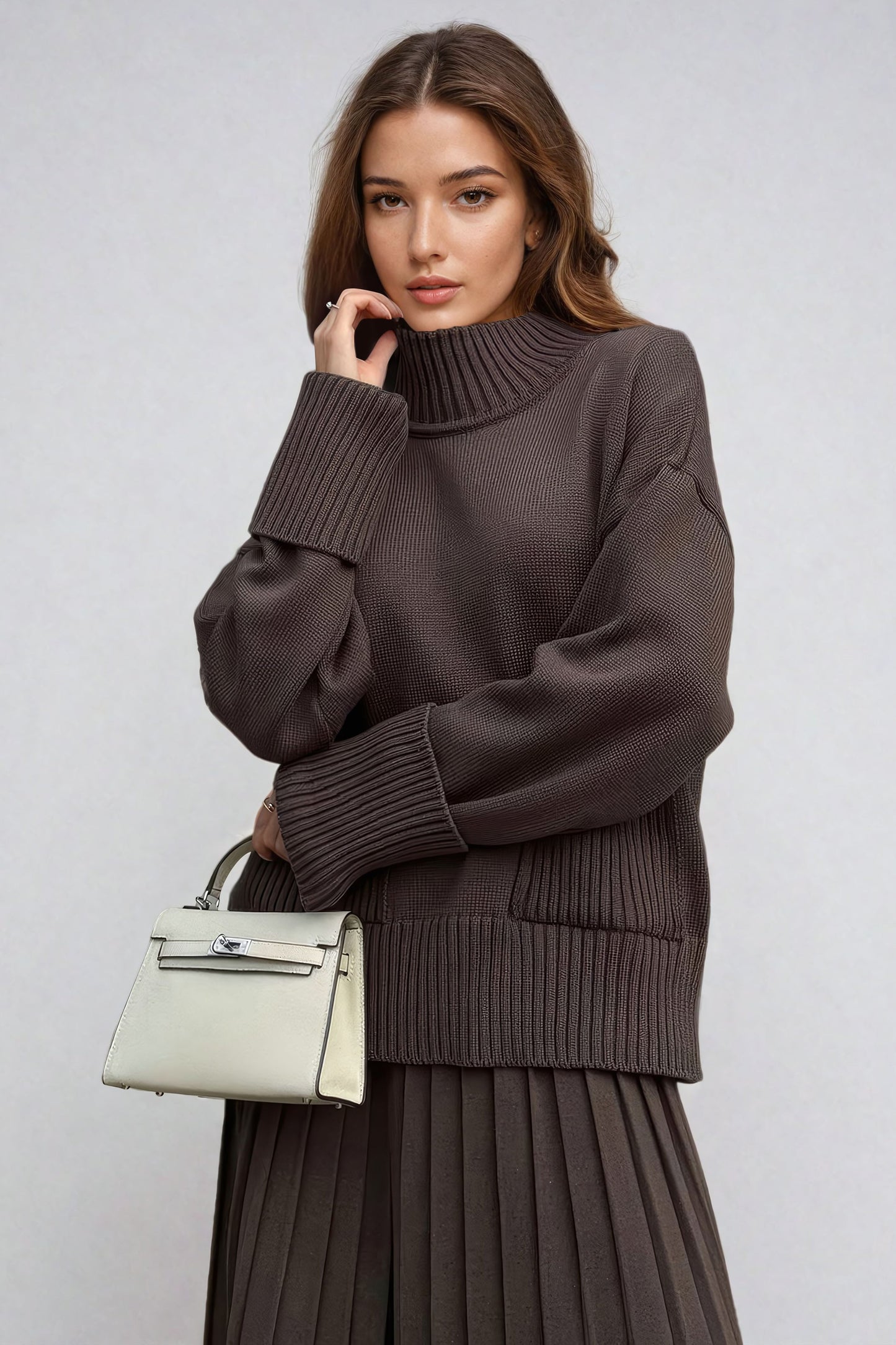 Two-Piece Set with Ribbed High Neck Sweater and Wide-Leg Trousers - Brown