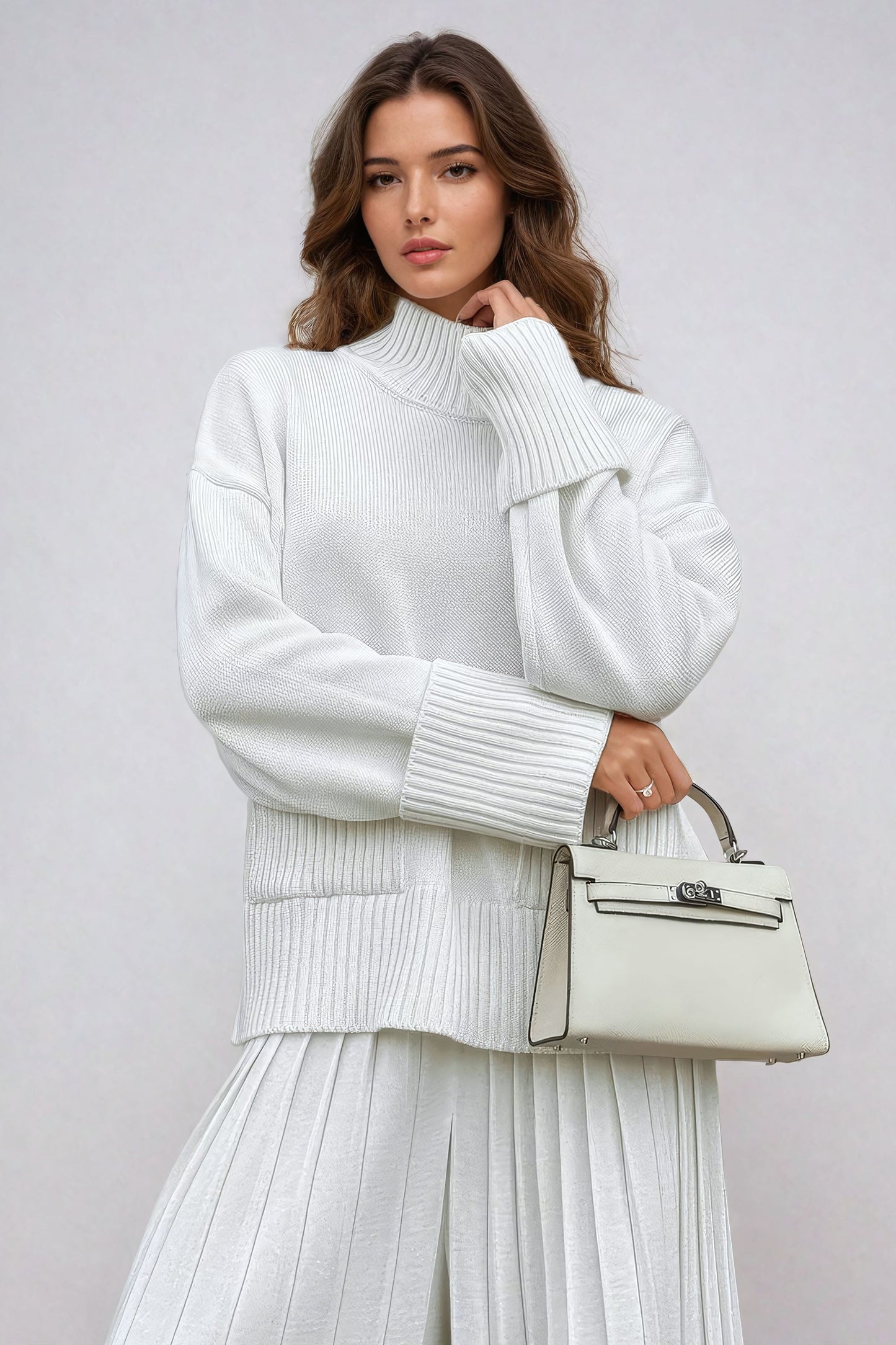 Two-Piece Set with Ribbed High Neck Sweater and Wide-Leg Trousers - White