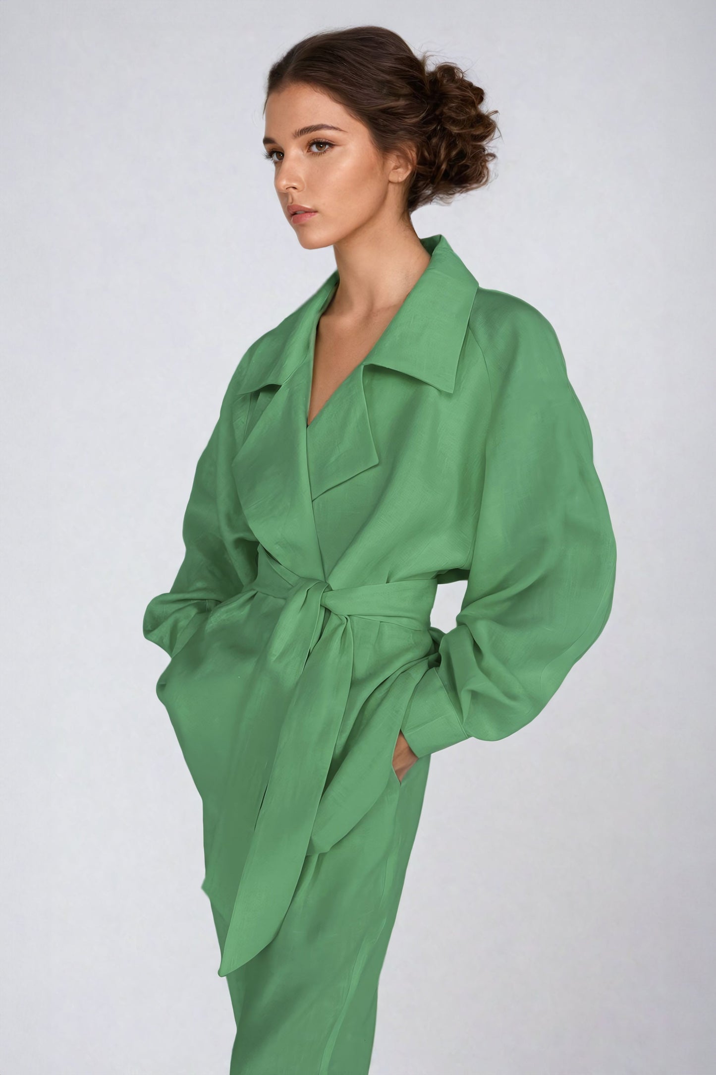 Belted Two-Piece Set with Lapel Jacket and Wide-Leg Trousers - Green
