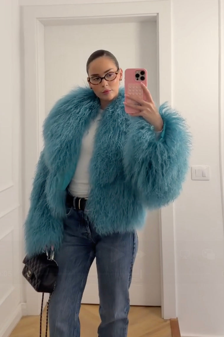 Natural Mongolian Sheepskin Coat with Lapels - Blue