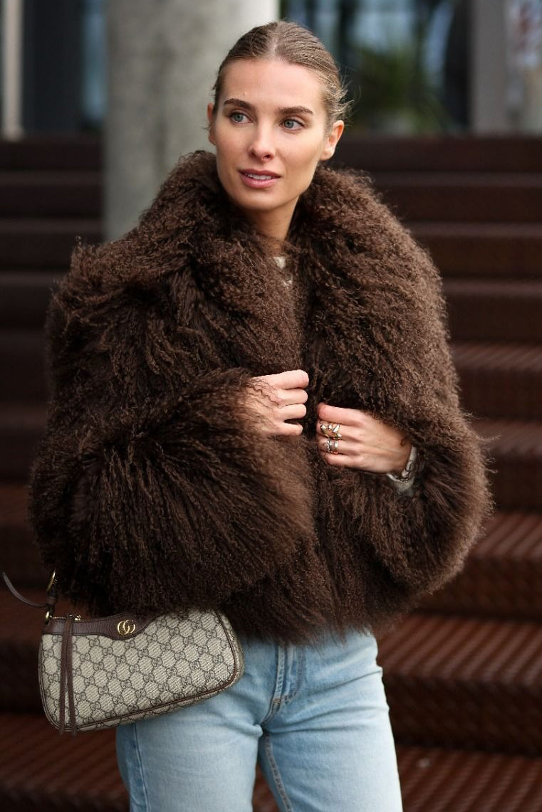 Natural Mongolian Sheepskin Coat with Lapels - Brown