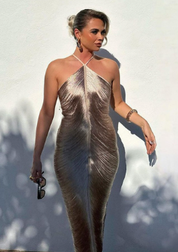 Asymmetrical Halter Midi Dress with Fringe Detailing - Silver