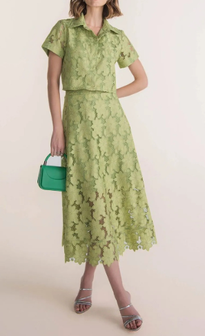 Two-Piece Set with Embroidered Collared Top and Midi Skirt - Green