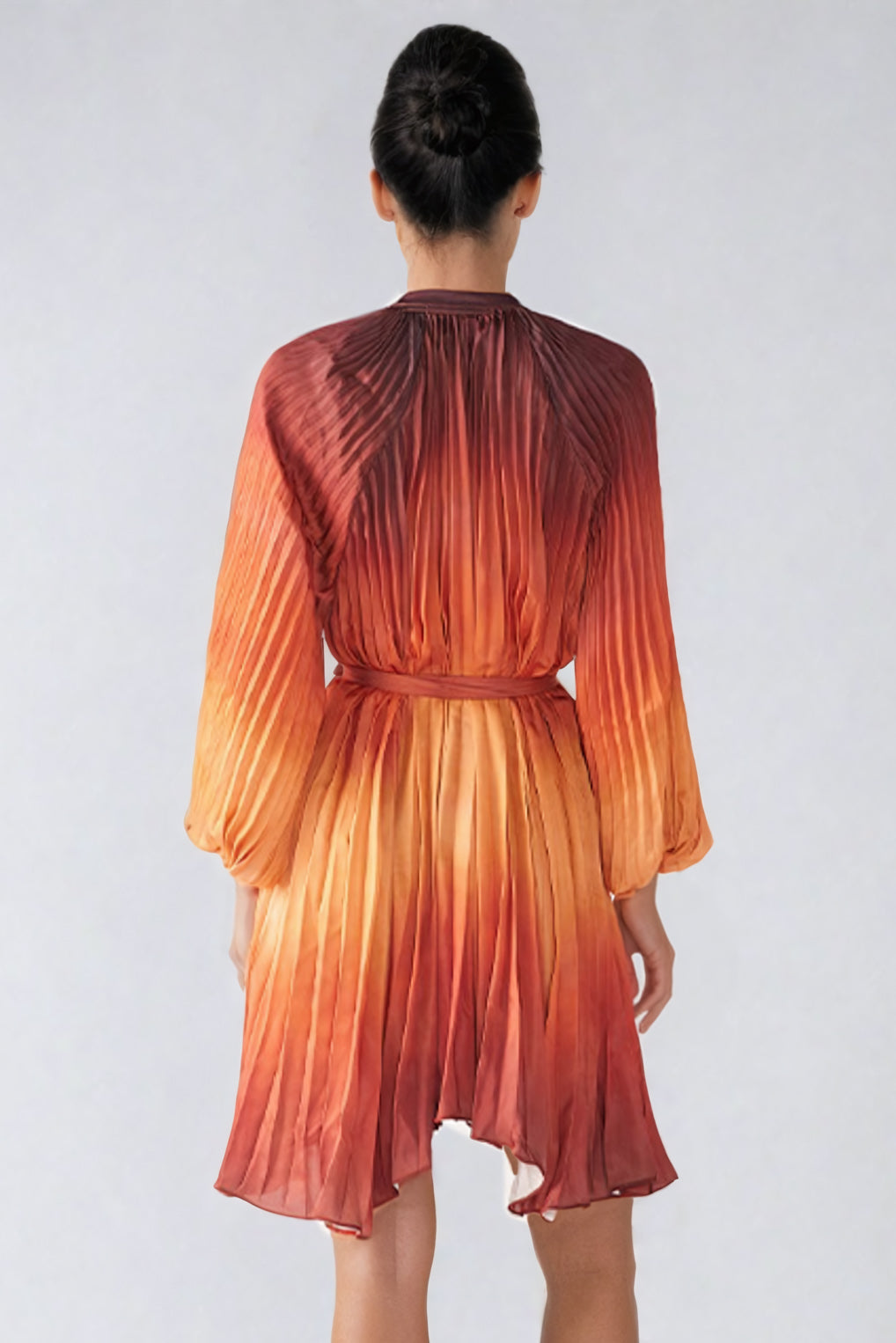 Pleated Button-Front Mini Dress with Belted Waist - Orange