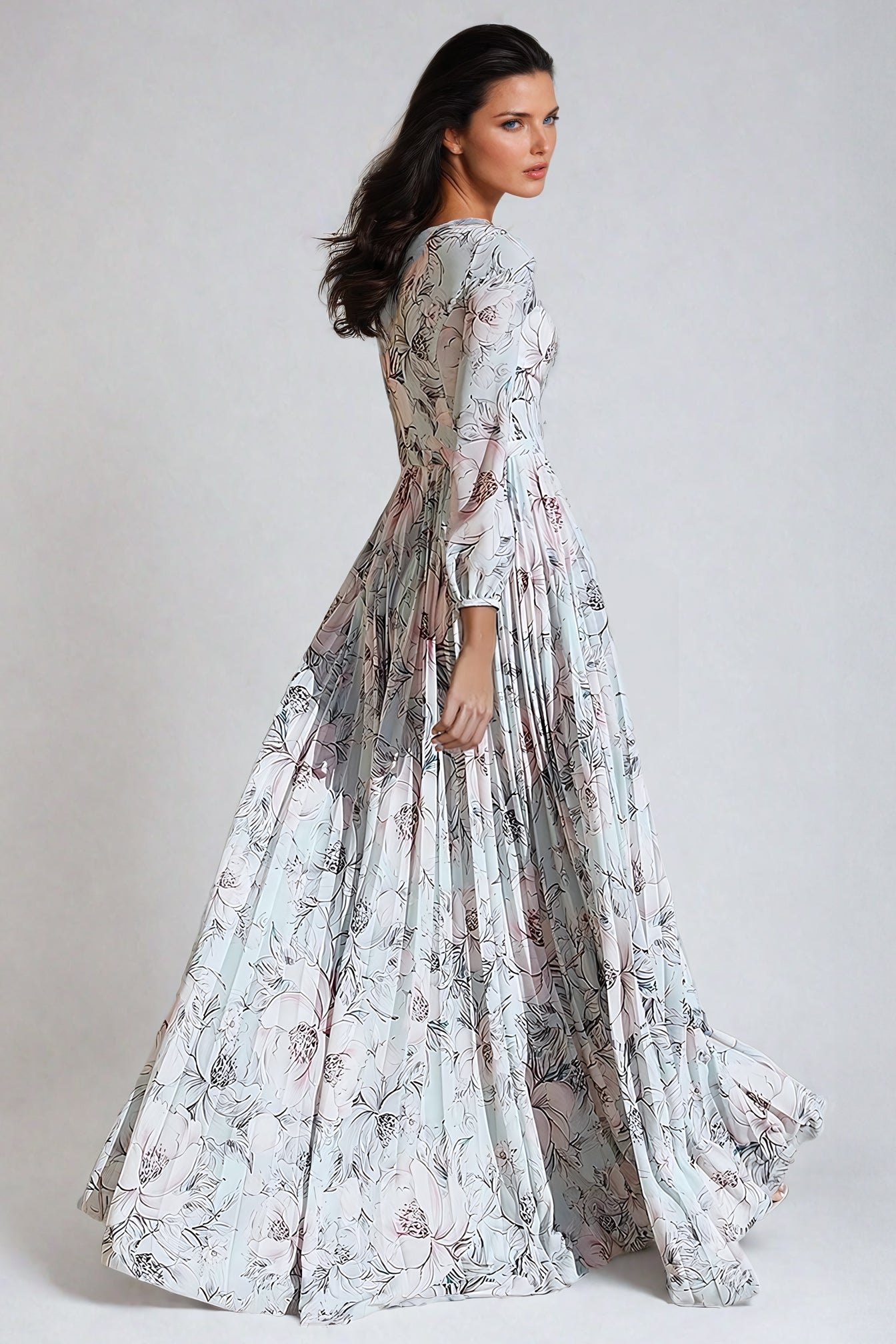 Floral Print Pleated Maxi Dress with Balloon Sleeves - White