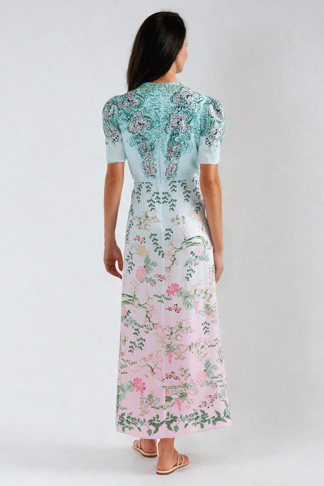 Floral Print Maxi Dress with Puff Sleeves - Green