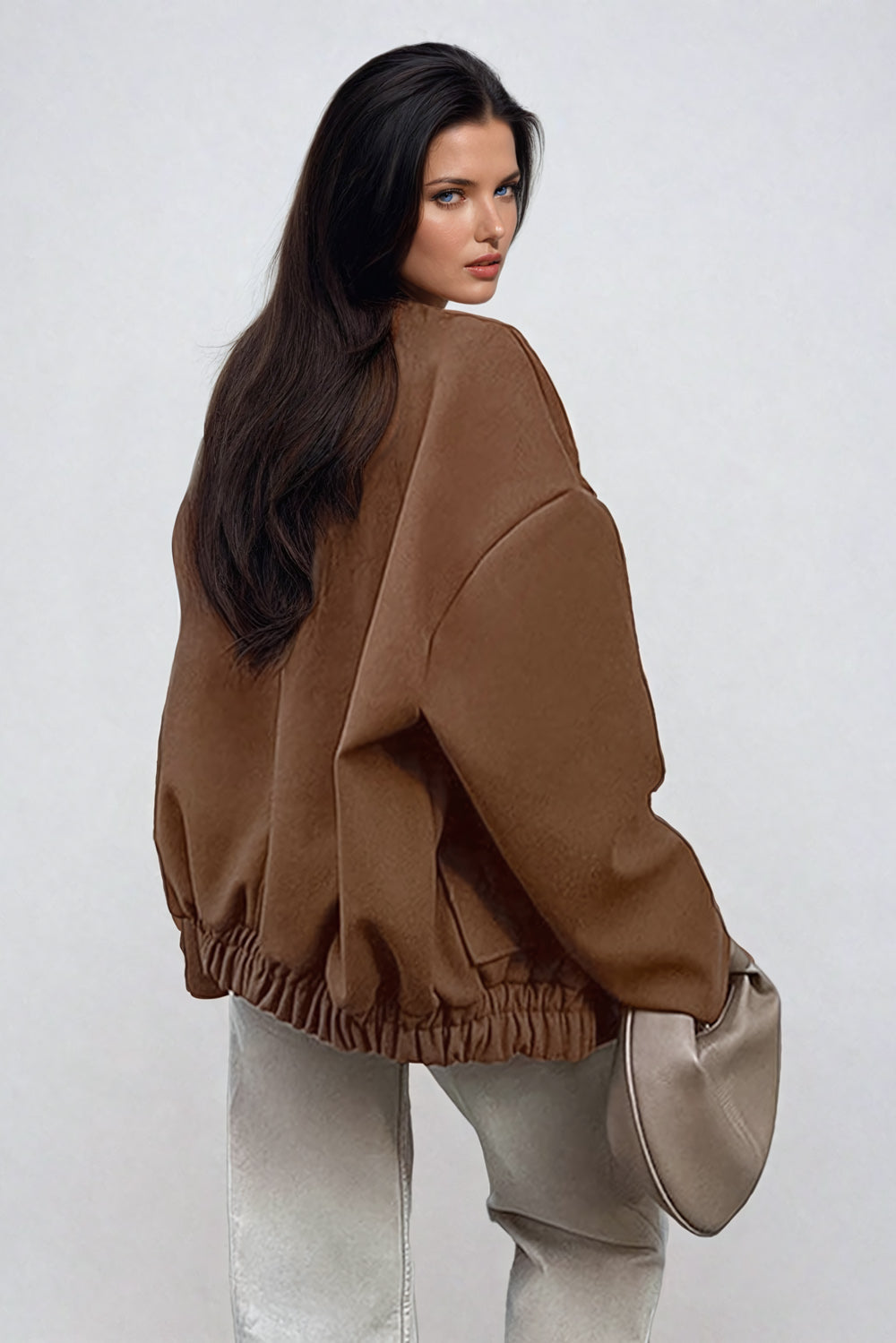 Oversized Snap Button Jacket with Elastic Hem - Brown