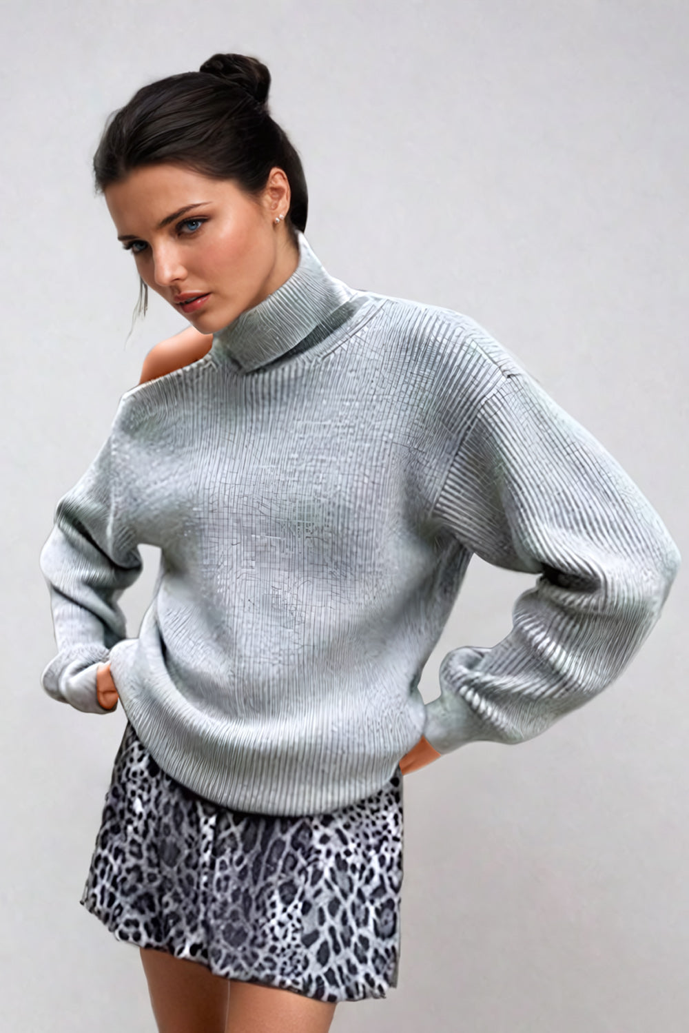 Knitted One-Shoulder Turtleneck Sweater - Gray