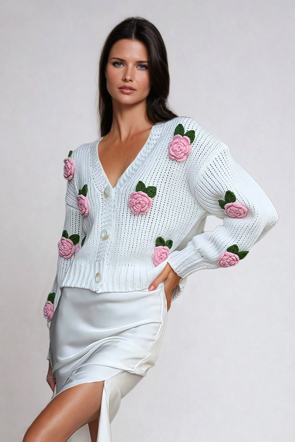 Knitted Floral Embellished Sweater - White