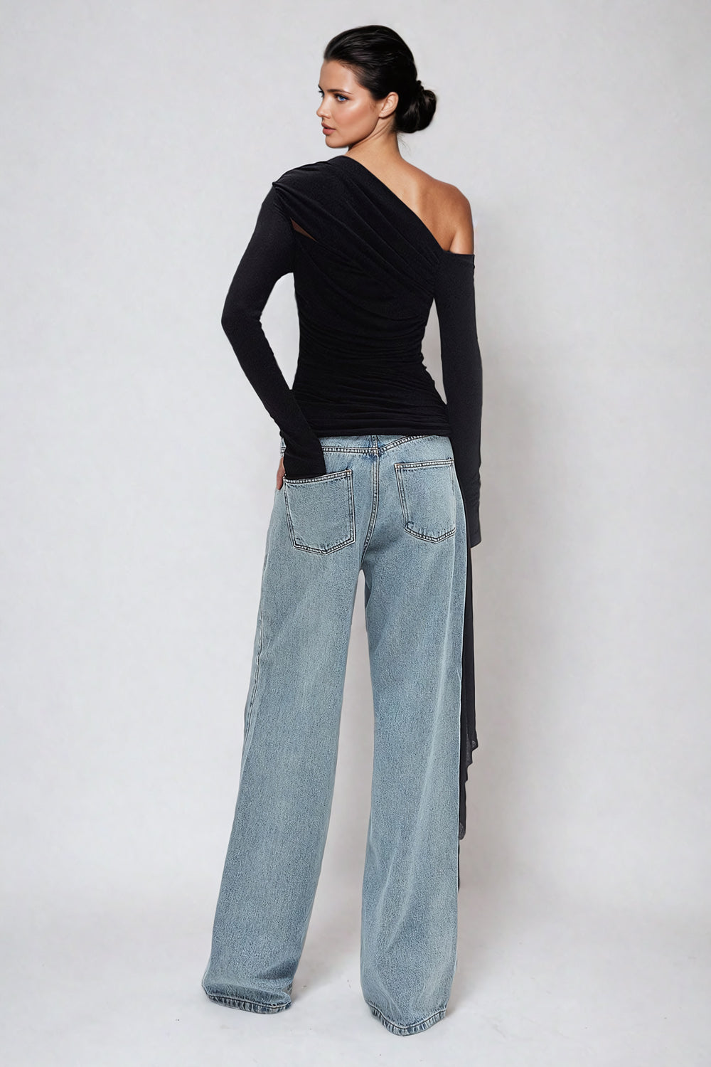 Asymmetrical Draped Wrap Top with Pleats - Black
